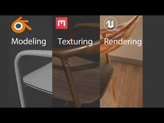 an image of a chair with the words modeling, texturing and rendering on it