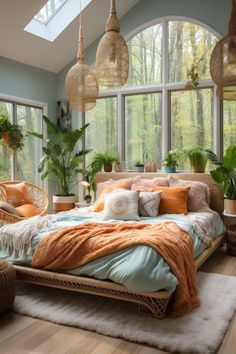 a bedroom with large windows and lots of plants