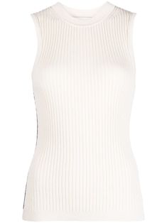 ivory white/jet black knitted construction ribbed knit crew neck sleeveless straight hem White Crew Neck Tank Top With Ribbed Neckline, White Tank Top With Ribbed Crew Neck, Chic Ribbed Crew Neck Sweater Vest, White Ribbed Knit Top For Work, White Fitted Crew Neck Sweater Vest, Fitted Crew Neck Sweater Vest, Phillips Plein, Knit Dresses, Black Tweed