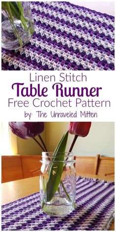 a crocheted table runner is shown with flowers in a jar on the table