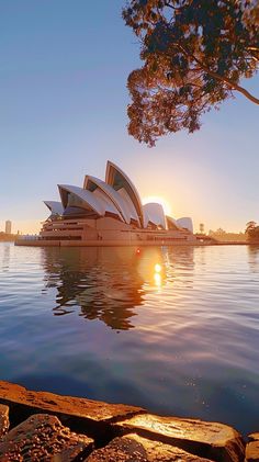 the sydney opera house is seen from across the water at sunset, with trees in the foreground