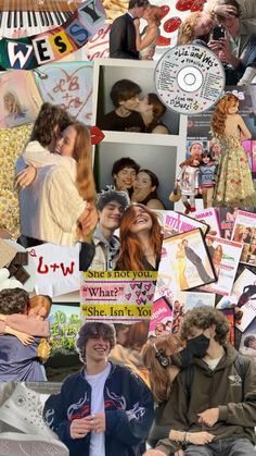 collage of people with pictures and words on them, including one woman kissing another man