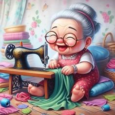 an old woman sitting on the floor with a sewing machine in front of her and smiling