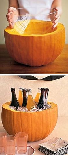 there is a pumpkin shaped bowl with bottles in it