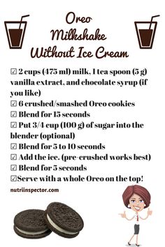 a recipe for oreo milkshake without ice cream is shown in this image