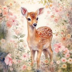 a painting of a fawn standing in the middle of flowers