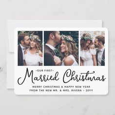 a christmas card with three photos and the words our first married christmas written on it