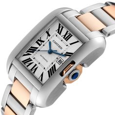 Cartier Tank Anglaise Large Steel Rose Gold Mens Watch W5310037. Automatic self-winding movement. Stainless steel and 18K rose gold rectangle case 39.2 mm x 29.8 mm. Case thickness: 9.5 mm. Crown set with a faceted blue spinel. . Scratch resistant sapphire crystal. Silver guilloche dial with black Roman numerals. Sword shaped blued steel hands. Secret Cartier signature at VII. Date window at 3 o'clock aperture. Stainless steel and 18K rose gold bracelet with hidden butterfly clasp. Fits 7" wrist Anniversary Cartier Watch With Subdials, Cartier Anniversary Watch With Rectangular Dial, Cartier Watch With Rectangular Dial For Anniversary, Cartier Watch Accessories With Subdials For Anniversary, Elegant Cartier Watch With Date Display, Rectangular Dial Quartz Watches For Anniversary, Rose Gold Automatic Watch For Anniversary, Cartier Watch With Date Indicator And Round Dial, Cartier Watch With Date Indicator