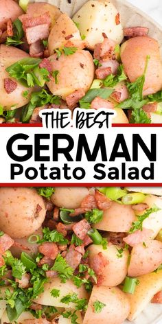 the best german potato salad with bacon, lettuce and parsley on top