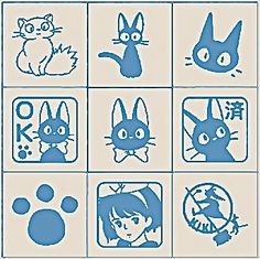 some blue and white pictures with cats, dogs, and other animals on them in squares