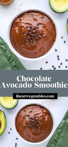 chocolate avocado smoothie in a white bowl surrounded by sliced avocados