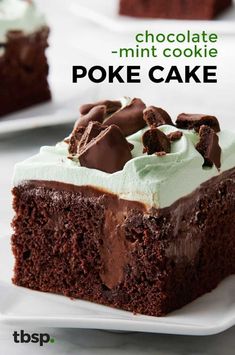 chocolate - mint cookie poke cake on a white plate with text overlay that reads, chocolate - mint cookies poke cake