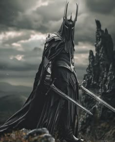 a man dressed as darth vader standing on top of a hill with two swords in his hand