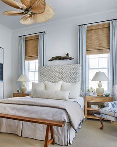 a bedroom with white bedding and blue drapes