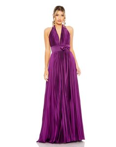 Ieena for Mac Duggal Charmeuse Fabric (100% polyester) Fully lined V-neck Sleeveless Pleated detailing Back zipper Approx. 62.5" from top of shoulder to bottom hem Available in Plum and Gold Style #11636 Black Tie Gowns, Halter Neck Gown, Charmeuse Fabric, Prom Long, Fishtail Dress, Bride Groom Dress, Mac Duggal, Date Night Dresses, Dresses By Length