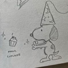 a drawing of a dog with a party hat and cupcake on it's head