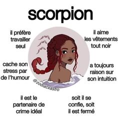 a woman with long red hair and the words scorpion in french