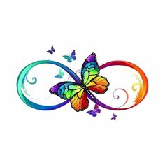 a colorful butterfly with swirls and butterflies on it's wings, flying through the air