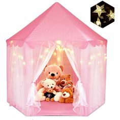 a pink play tent with teddy bears in it and lights on the ceiling behind it