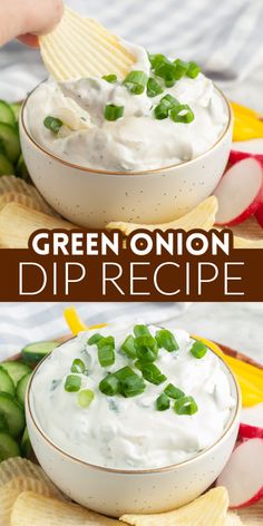 green onion dip recipe in a bowl with chips on the side