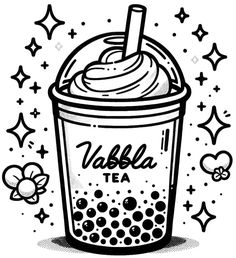 a drawing of a bubble tea cup with whipped cream on top and stars around it