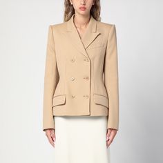 Double-breasted jacket by Sportmax in camel-coloured cotton-blend, featuring peaked lapels, padded epaulettes, a front button placket, a welt breast pocket, front flap pockets and buttoned cuffs. Fall Double Breasted Suit For Workwear With Button Closure, Beige Semi-formal Blazer With Button Closure, Beige Sport Coat With Lapel Collar And Button Closure, Double-breasted Office Blazer With Flap Pockets, Double-breasted Sport Coat With Double Button Closure, Double-breasted Pea Coat With Pockets For Work, Tailored Double-breasted Outerwear With Suit Collar, Beige Sport Coat With Suit Collar And Button Closure, Beige Business Blazer With Buttons