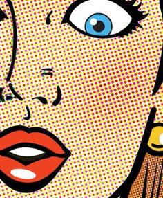 a woman's face with blue eyes and red lips is featured in this pop art painting