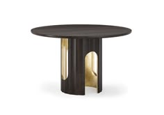 a black table with gold accents on the top and bottom, in front of a white background