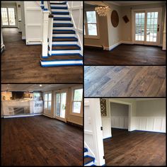 the inside of a house with wood floors and stairs