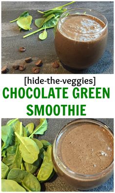 chocolate green smoothie with spinach leaves on the side and in a glass next to it