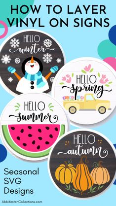 four watermelon stickers with the words how to layer vinyl on signs in different colors