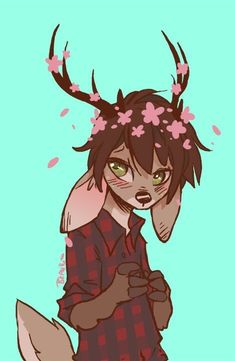 an anime character with horns and flowers on her head, holding his hand up to his ear