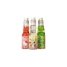 three bottles of various flavored drinks on a white background