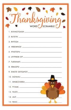 a thanksgiving word scramble with an image of a turkey wearing a pilgrim hat on it