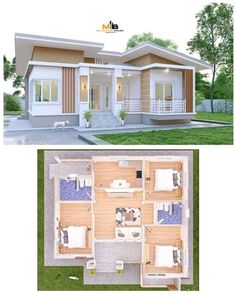 two story house plan with 3 bedroom and 2 bathroom in the front, one living room on