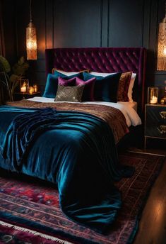 a bedroom with dark colored walls and purple velvet bedding, surrounded by lit candles