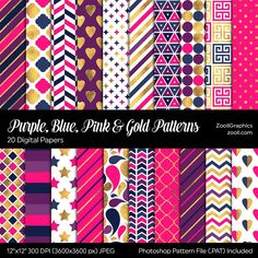 pink, blue and gold patterns digital paper pack