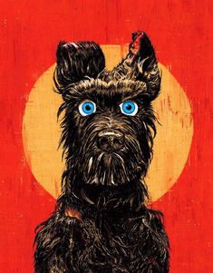 a black dog with blue eyes sitting in front of a red and yellow background,