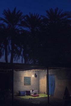 a person sitting on a blanket in front of a house at night with palm trees