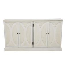 a white cabinet with two doors on the front and one door open to reveal an interesting design