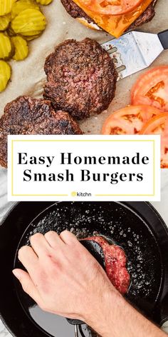 hamburgers are being cooked in a skillet with the words easy homemade smash burgers