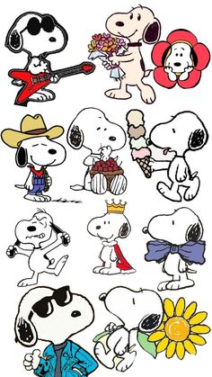 the peanuts characters are all dressed up in different outfits and hats, with flowers on their heads