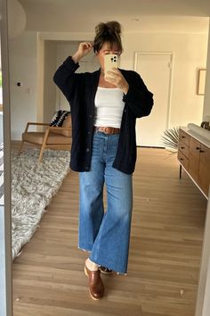 The 9 Style Essentials I Can’t Live Without As A Curvy(ish), 40(ish) Gal — The Candidly Causal Outfits With Jeans, Mom Street Style Casual, Wide Leg Jeans And Clogs, Idea Of You Outfits, Madewell Style Outfits, Wide Leg Cropped Jeans Outfits Spring, Casual Jeans Outfit Midsize, Dressy Outfits Fall, Womens Casual Style