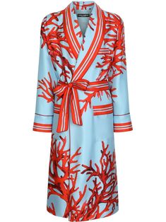 Blue Long Sleeve Robe For Spring, Luxury Long Sleeve Spring Robe, Long Sleeve Blue Robe For Spring, Luxury Long Sleeve Robe For Spring, Character Closet, Hawaii Shirts, Fabric Styles, Holiday Apparel, Coral Print