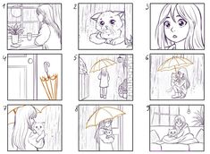 the storyboard shows how to draw an umbrella for a girl and her cat in the rain