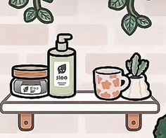 a shelf with various items on it in front of a brick wall and potted plant