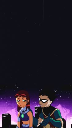 two cartoon characters standing in front of a city at night with the moon behind them