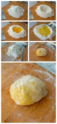 the process for making bread is being made on a cutting board and ready to be baked