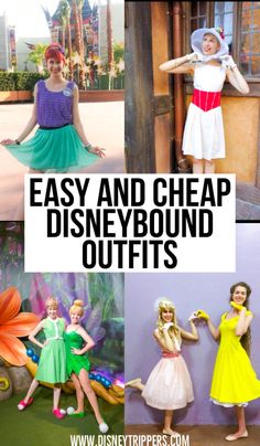 four different disney princesses with the words easy and cheap disneyland outfits