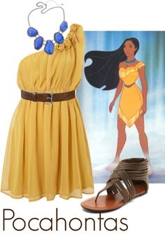 the pocahontas dress is yellow and has brown sandals on it, along with a necklace that says pocahontass